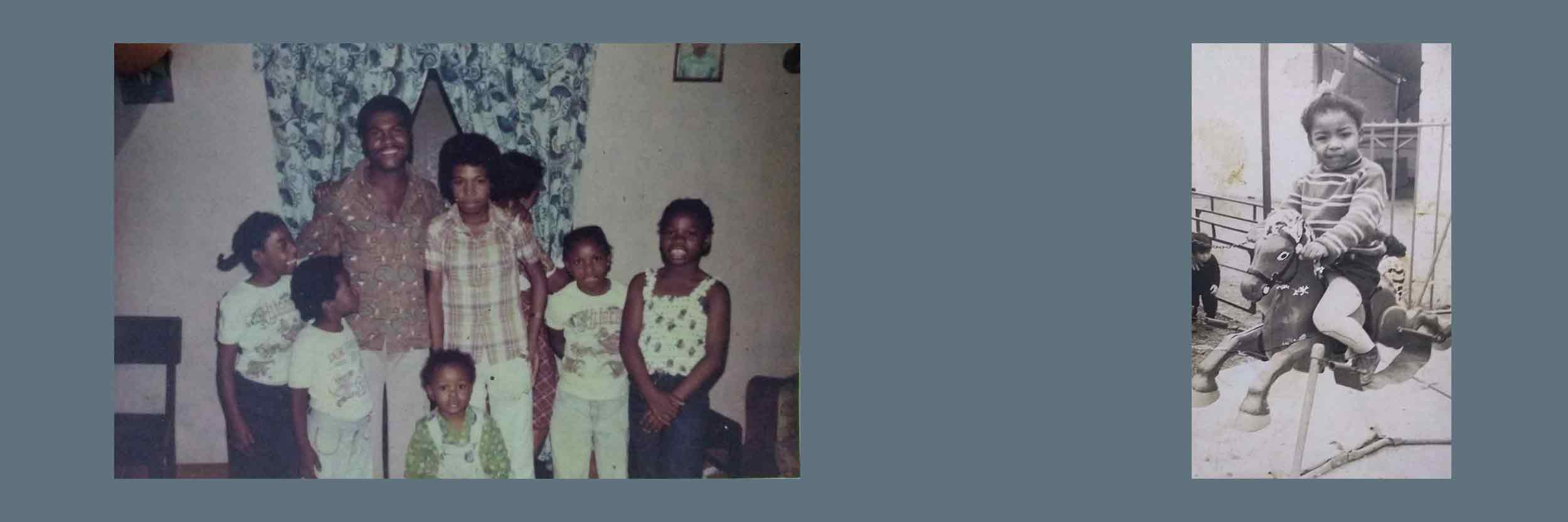 two photos of Peta Robles as a child with her family, and on her hobby horse